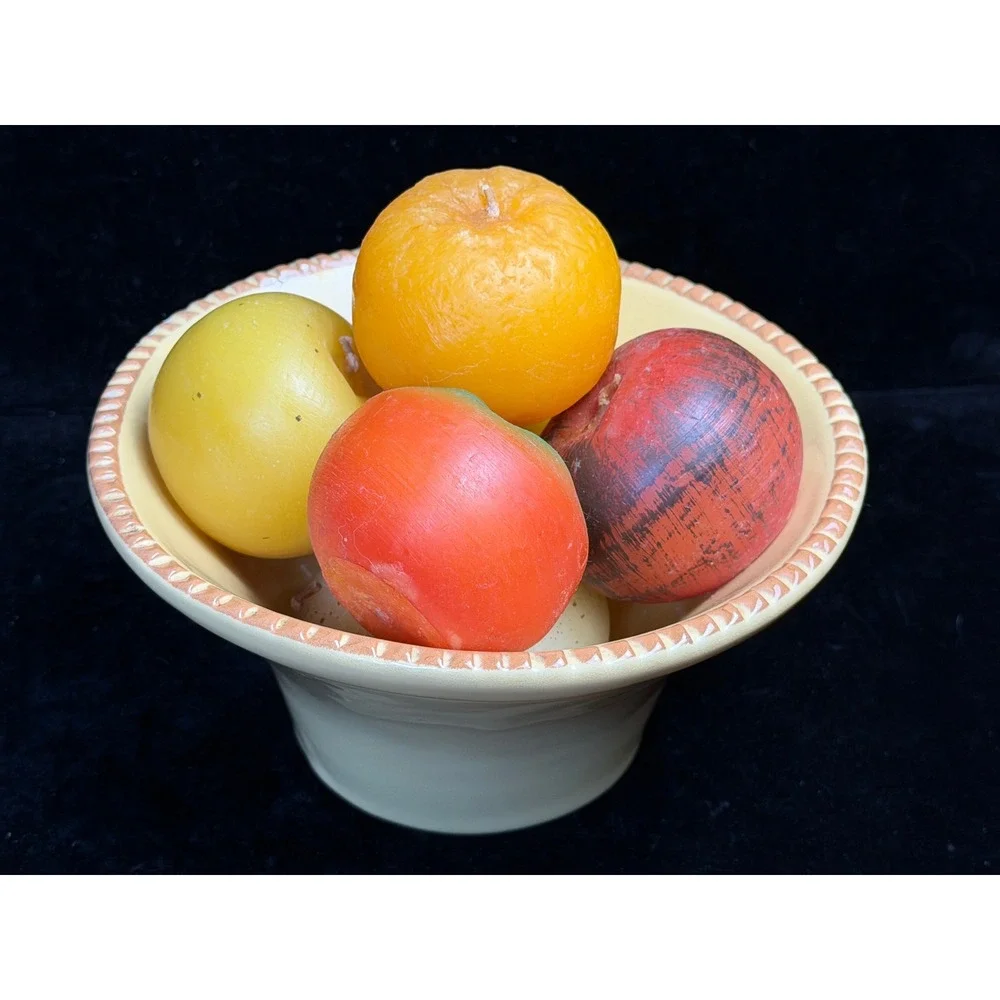 Italy Yellow Ceramic Bowl Scalloped Rim with 6 Wax Fruit Candles Set